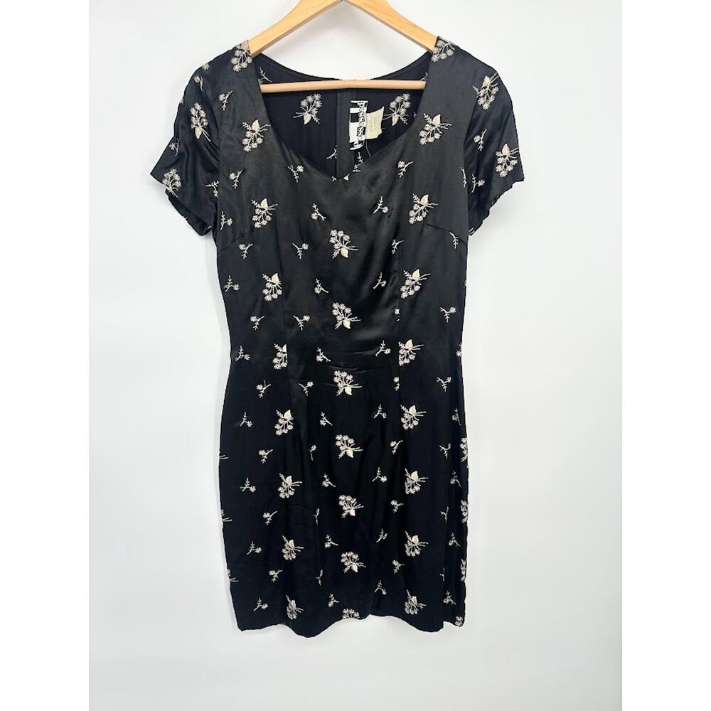 Vintage 90s Black Satin Sheath Mini Dress Floral Goth Indie Grunge‎ Whimsygoth 7